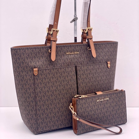 Michael Kors Double Pocket Tote Shoulder Bag And Wallet Set Brown - Picture 2 of 13